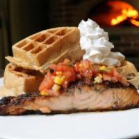 Jerk Salmon And Waffles · Fresh Fruit Compote and Whipped Cream