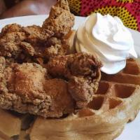 Chicken And Waffles · Choice Of Either Jerk Chicken OR Fried Chicken With Fresh Fruits Compote and Whipped Cream