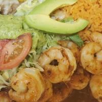 Camarones A La Diabla · Hot. Shrimp sautéed in our extra spicy sauce. Served with rice, beans and guacamole salad.