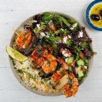 Shrimp Kabob Plate · Tender chargroiled shrimp served with basmati rice, side salad, fresh pita and your choice o...