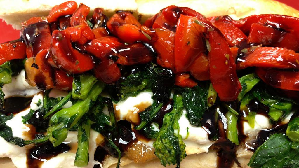 The Jay · Grilled chicken, broccoli rabe, fresh mozzarella, roasted red peppers and a balsamic glaze. Served on Brick Oven Italian Bread 12in.