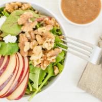 Apple Walnut Salad · Mixed greens, goat cheese, candied walnuts with sliced apples and balsamic vinaigrette and c...