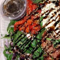 Caprese Salad · Fresh Mozzarella with Tomatoes, Roasted Red Peppers, Red Onions with Balsamic Glaze over Mix...