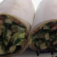 Veggie Wrap · Avocado, provolone with cucumber, tomato, hummus, spinach with balsamic vinaigrette.