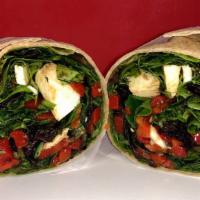 Caprese Wrap · Fresh Mozzarella, Roasted Red Peppers, Tomatoes, Red Onions With Balsamic Glaze and Olive Oil