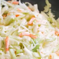 Cole Slaw · 1 Lb of Cole Slaw : 
Cabbage, Mayo, Carrots, Sugar, Vinegar, Salt, Pepper, Egg & Soy