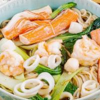 Seafood Noodles · Shrimp, scallops, squid, and bok choy.