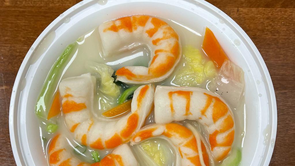 Vegan Red Spot Prawn Noodles  · vegan red spot prawn, scallion, bok choy, nappa cabbage w. miso soup