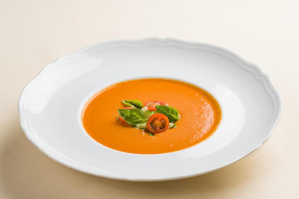 Gazpacho · chilled seasonal tomato soup, Sant Ambroeus extra virgin olive oil