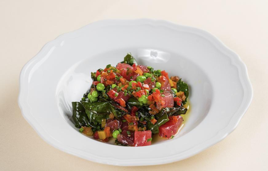 Tartare Di Tonno* · Ahi tuna tartare, green peas, chives, swiss chard confit   *Consuming raw or undercooked meats, poultry, seafood, shellfish or eggs may increase your risk of foodborne illness