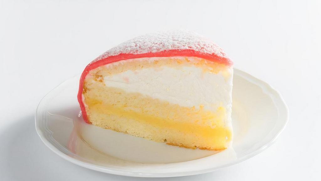 Principessa · lemon sponge layered between vanilla pastry creme and whipped cream, topped with almond marzipan
