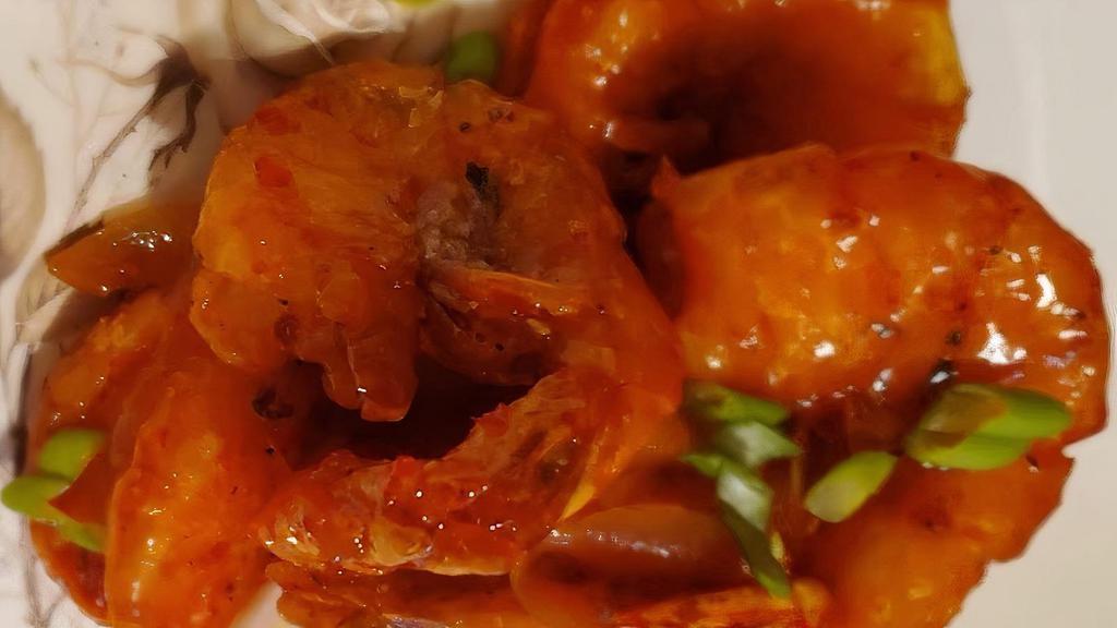 Spicy Szechuan Shrimp · Large tiger shrimps cooked in a spicy tangy Mamacita sauce.