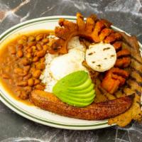Country Platter / Bandeja Típica O Campesina · (top round steak or ground beef, rice, pork skin, beans, sweet plantain, egg, corn cake and ...