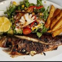 Branzino · Char Grilled, Comes With Salad imported from Mediterranean Region.
