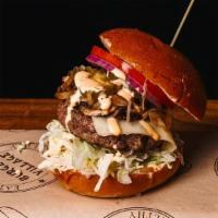 Make A Mess Village Boar Burger · Natural, antibiotic and hormone free. Cheddar cheese, lettuce, tomato, onions, pickles, saut...