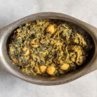 Chana Sag · Chickpeas and spinach cooked with mild or hot spices.