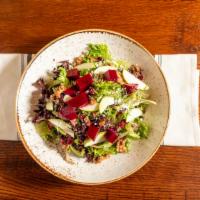  Harvest Salad · mixed greens, fresh apples, beets, goat cheese, candied walnuts, dried cranberries, sherry v...
