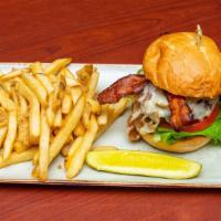 Bistro Burger* · Half-Pound All-Natural Grass-Fed Beef, Gruyère, Bacon, Grilled Onions, Lettuce, Tomato, Dijo...