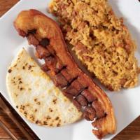 # 6- Chicharron, Calentado Y Arepa · Fried pork skin, Mixed rice and beams, and con cake.