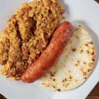 # 7- Chorizo, Calentado Y Arepa · Colombian sausage, Mixed rice and beans and corn cake.