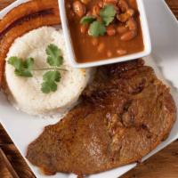 Especial De Carne Con Arroz, Frijoles Y Platano Maduro · Steak  with rice, beans and sweet plantains.