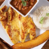 Especial De Pechuga Con Arroz · Chicken grilled with rice, beans and sweet plantains.