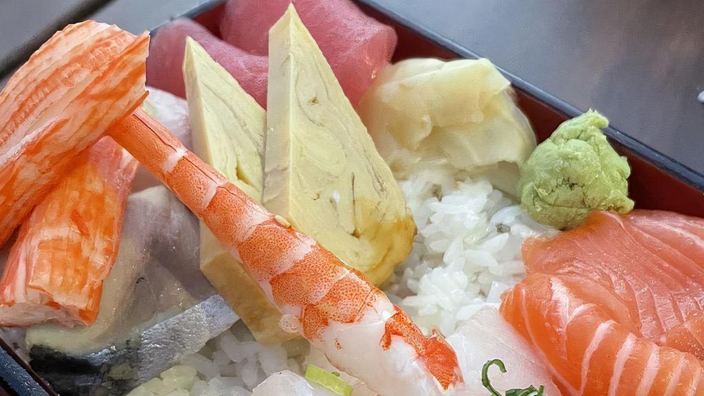 Chirashi · Assorted raw fish on top of sushi rice.