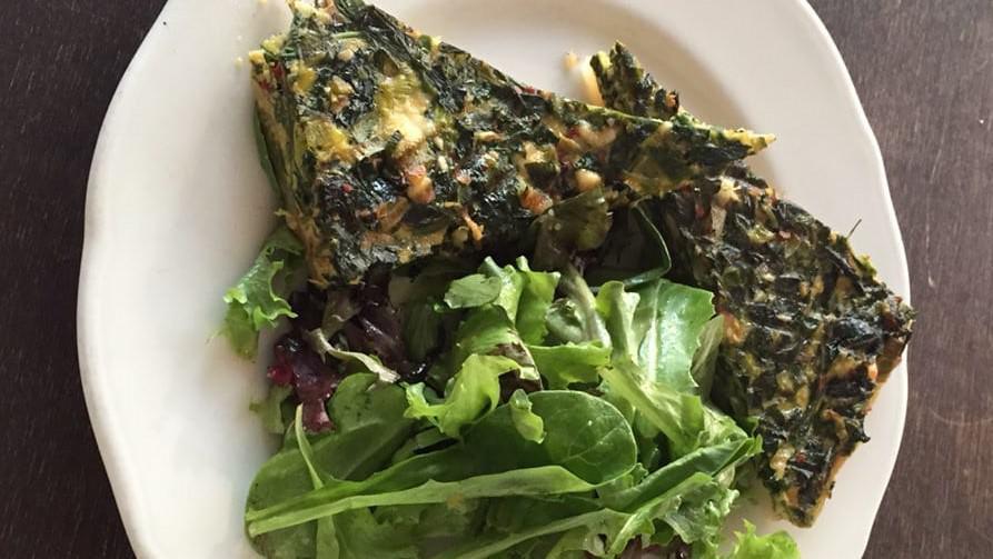 Green Frittata · Organic eggs, sauteed market greens, potato, feta, sriracha aioli, and toast.