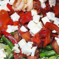 Asparagus Shrimp Salad · Crisp romaine and iceberg lettuce topped with shrimp, asparagus, roasted red peppers, diced ...