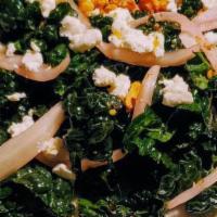 Kale Salad · Vegan. Tuscan kale salad, pickled onions, goat cheese walnuts.