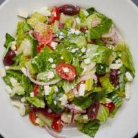Greek Salad · Romaine lettuce, kalamata olives, feta cheese, cucumbers, bell peppers, sweet red onions, to...