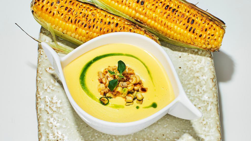 Organic Corn Soup · Creamy corn soup, chive oil w/ Grilled Baguette.