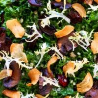 Kale Salad · Fresh Kale, Quinoa, Dried Cranberry with Miso dressing, Garlic & Mushroom chips on top.