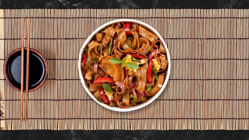 Pad Kee Mao · Wok-fried flat noodle, egg, bell pepper, basil, chili with Thai spicy brown sauce.