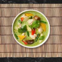 Mean Green  Curry · Green curry sauce, coconut milk bamboo shoot, basil, and bell pepper. Medium spicy.