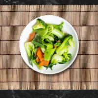 Steamed Mix Vegetables · Combination of steamed broccoli, mushroom, carrot, cabbage, zucchini, and green bean.