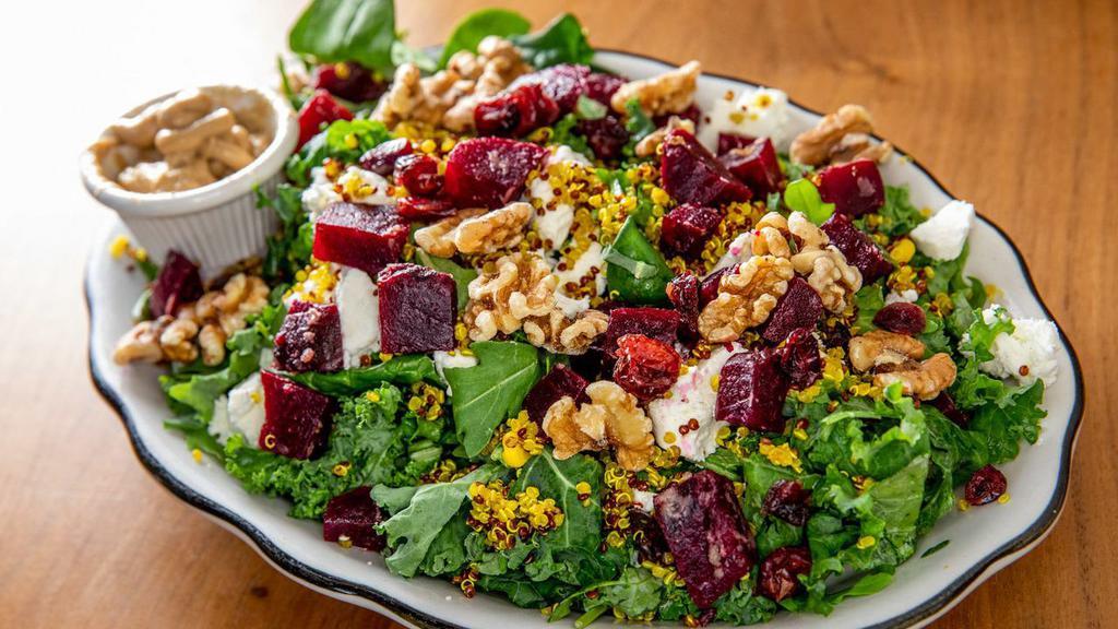Beet & Goat Cheese · Baby spinach, arugula, kale, quinoa, dried cranberries, walnuts, with balsamic vinegar.