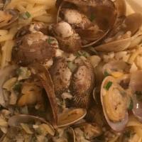 Linguine With Clam Sauce · Little neck clams with garlic oil and wine.