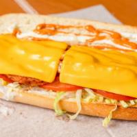 Last Minute Sub · Fried chicken, yellow cheese, lettuce, tomato, onion, avocado, ranch and chipotle mayo.