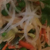 #7 Tangtsel Salad · Vegan. Gluten free. Cabbage, carrots, peas and bean thread noodles marinated in sesame oil a...