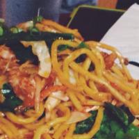 #16 Tsel Gyathuk Ngopa · Sauteed noodles mixed with fresh green vegetables and tofu. Vegetarian.