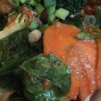 22 Tsel Shesha · Vegan, Gluten free. Sauteed mushroom, broccoli, zucchini, carrots and spinach served with ba...