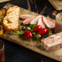 House Made Charcuterie (For Two) · chicken liver pate, smoked duck pastrami, and pork terrine.