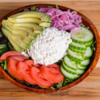 Tuna Salad · The Shop’s Tuna Salad, Avocado, Cucumber, Tomatoes, Pickled Red Onions on a bed of Mesclun w...