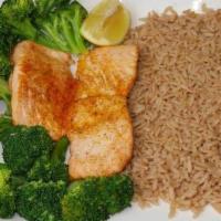 Grilled Salmon · Salmon with broccoli, brown rice, and mango salsa for dipping.