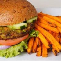 Veggie Burger · Made with carrots, corn, peppers, green beans, peas, and onions. Served with lettuce, tomato...