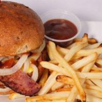 Texas Turkey Burger · Turkey burger with American cheese, turkey bacon with cooked onions and BBQ sauce. No salad....