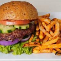 Angus Burger · Lean angus beef burger, high in protein. Served with lettuce, tomato, and cucumber.