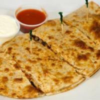 Energy Bbq Quesadilla · BBQ chicken, grilled peppers, onions, and Cheddar cheese with sour cream.