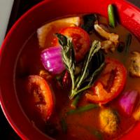 Tom Yum Soup · Quart. Popular thai hot and sour with tomatoes, red onion, mushroom, baby corn, and cilantro...